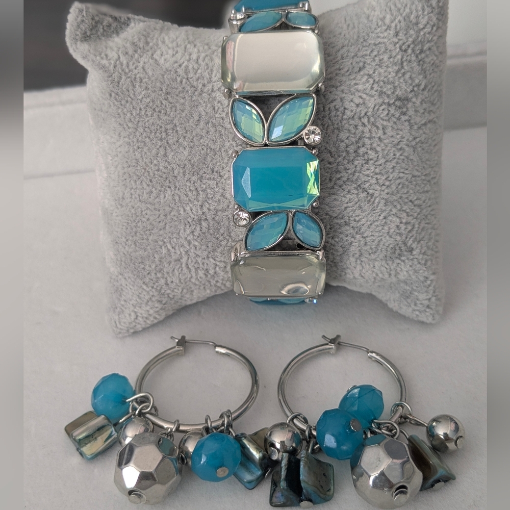 Blue & Silver Statement Bracelet + Dangle Hoop Earrings Set